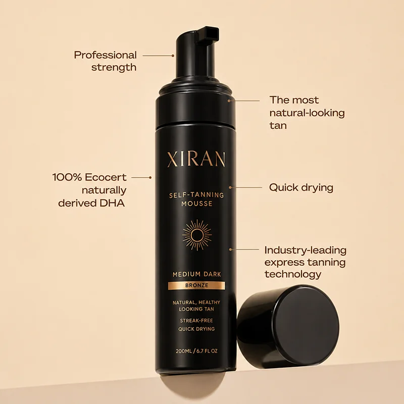 Black bottle of Xiran self-tanning mousse with product features labeled, emphasizing natural DHA, quick drying, and professional tanning.